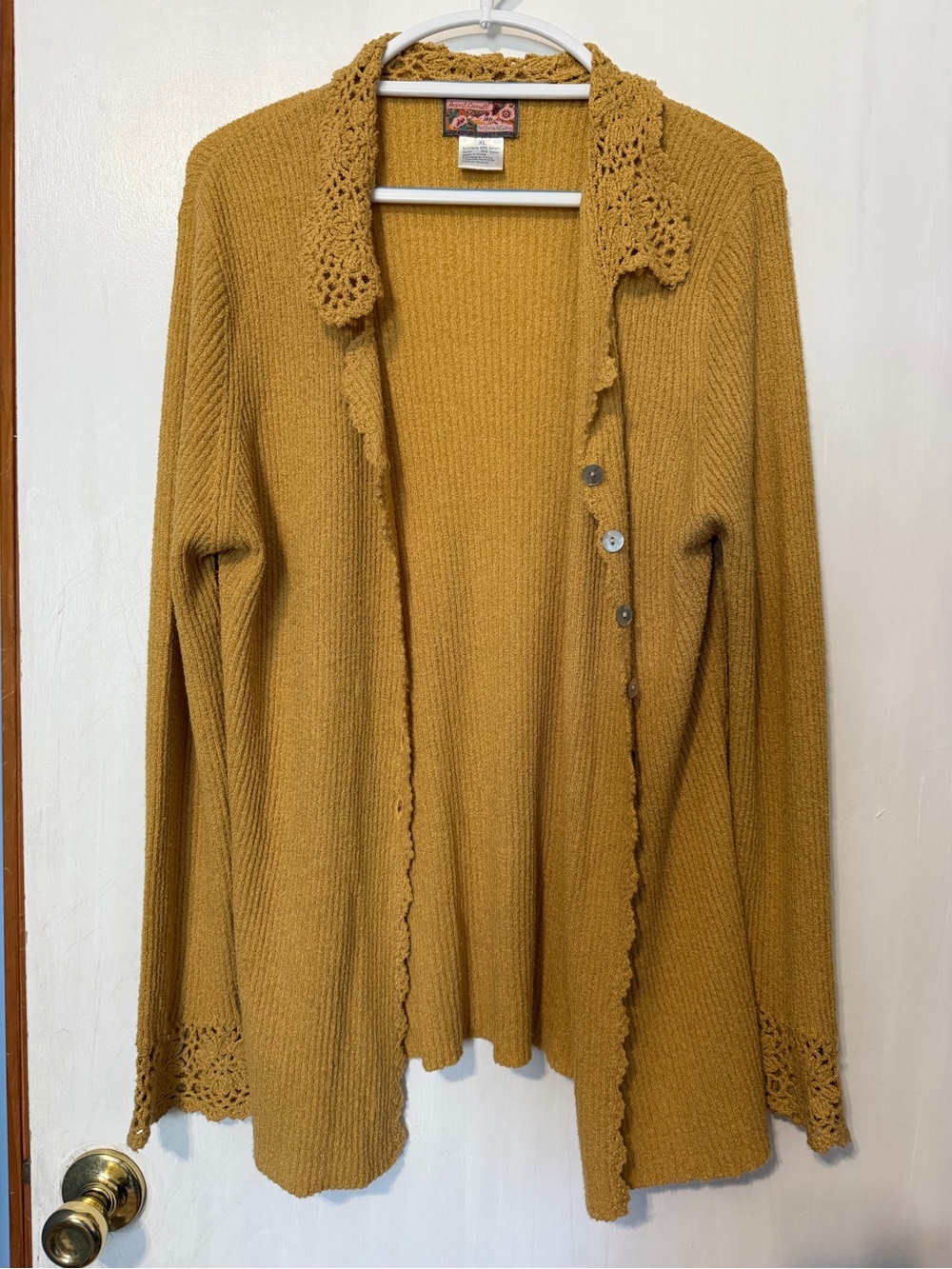 Women's April Cornell, Button Up Cardigan Sweater W/  Crochet Trim - XL